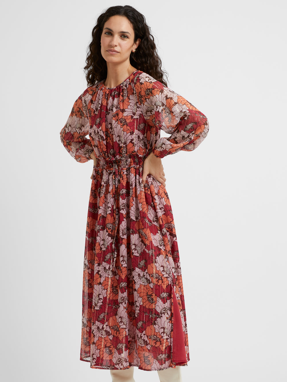 Retro Poppy Long Sleeve Midi Dress Wine Multi | Great Plains UK