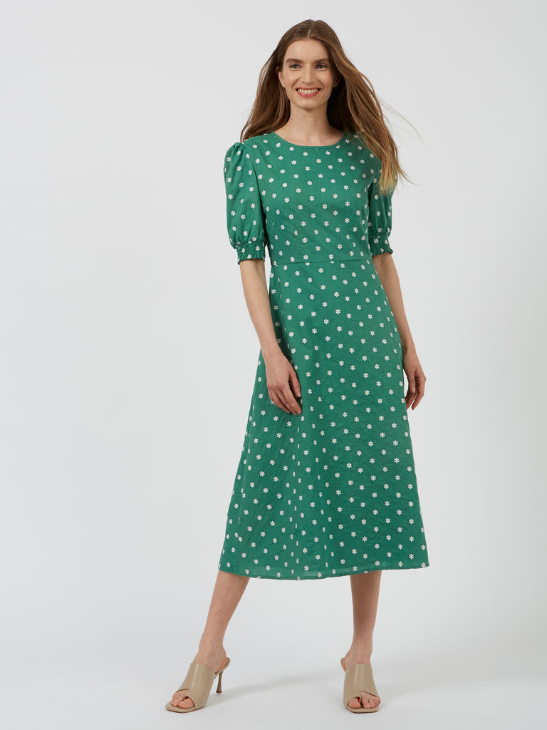Daisy Embroidery Midi Dress Jade Green Combo | Great Plains UK