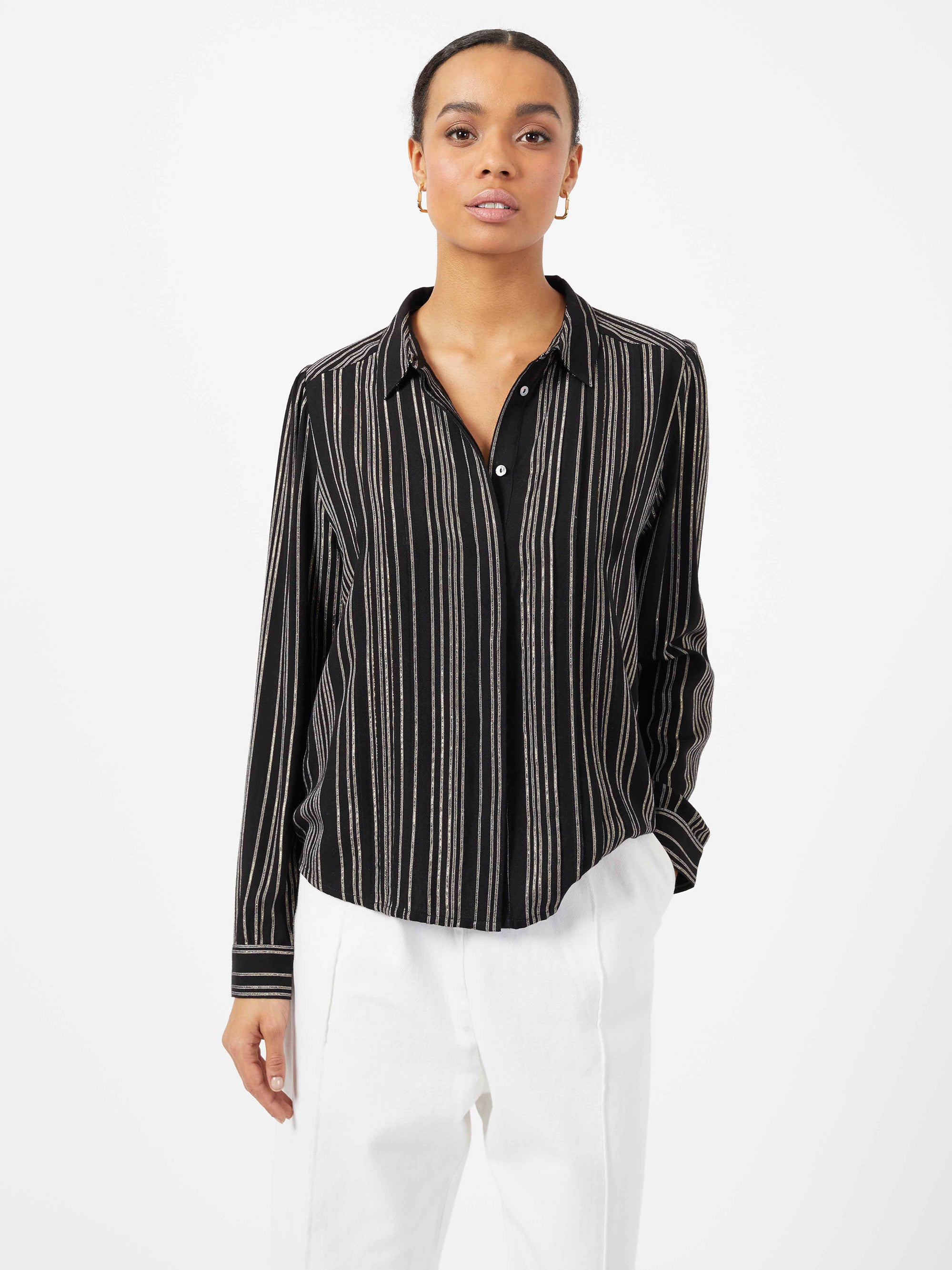 EXPRESS Large Top Blouse Shirt long sleeve Black White Slimming stripes  gold zip