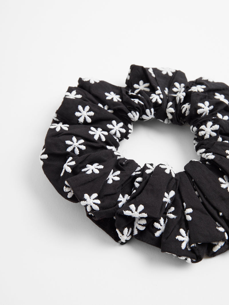 Lena Embroidery Hair Scrunchie Black White Great Plains UK